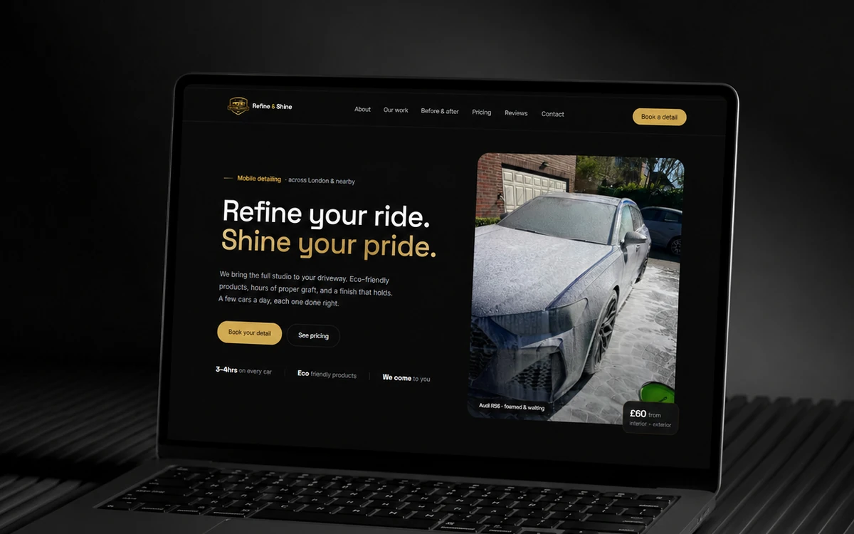 Refine & Shine Detailing website shown on a laptop