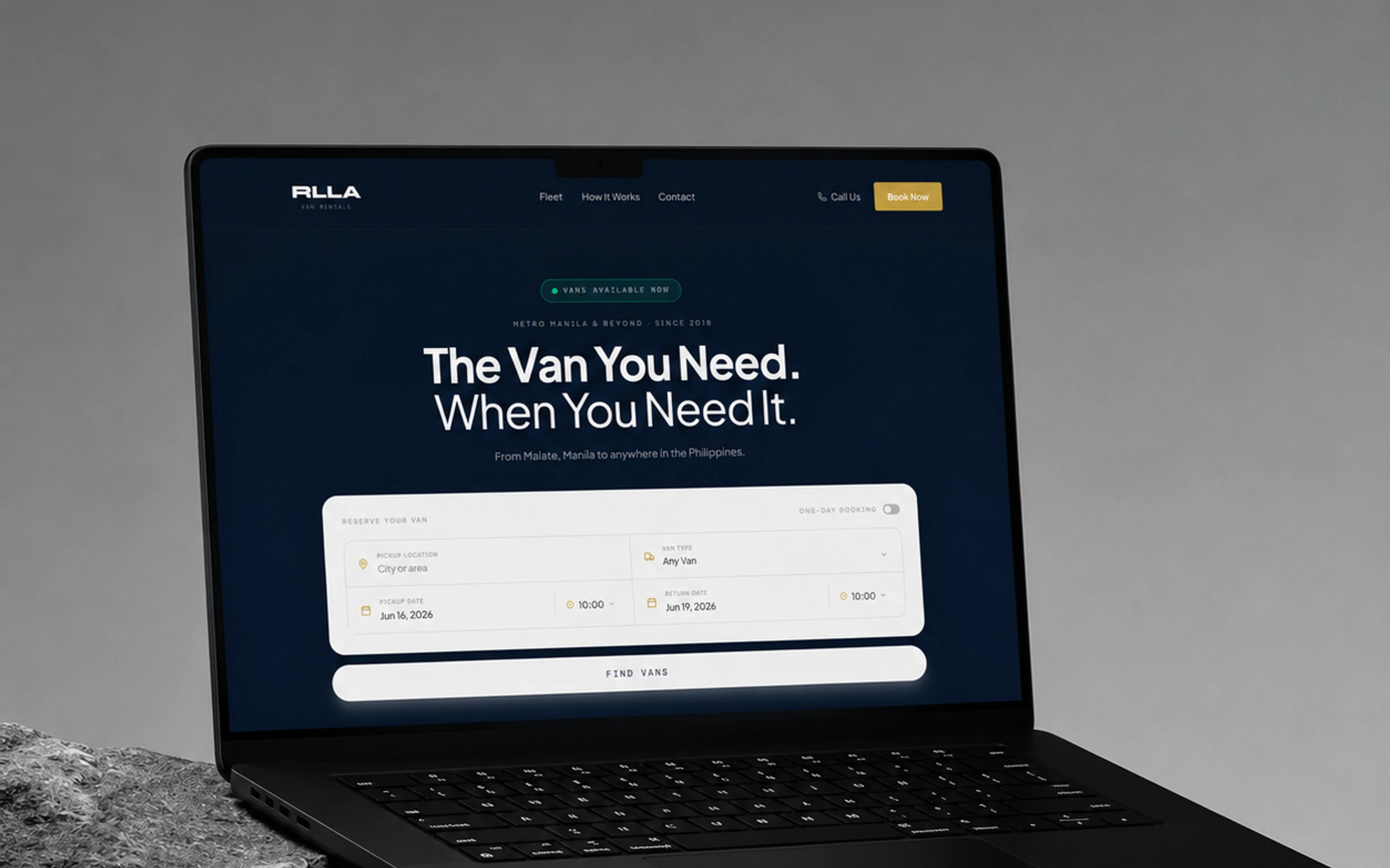 RLLA Van Rentals website shown on a laptop